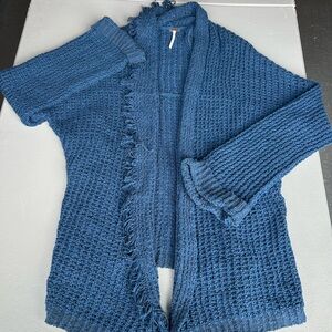 Free People Deep Blue Chunky Knit Open-Front Cardigan with Fringe